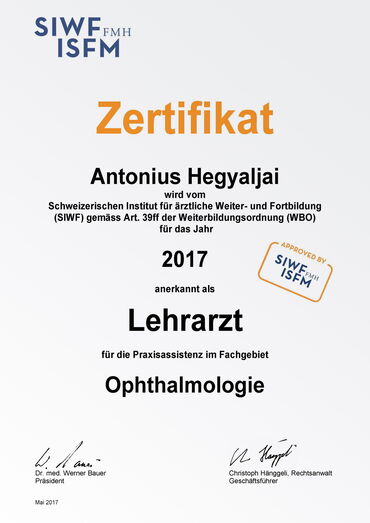Zertifikat Lehrarzt Ophtalmologie
